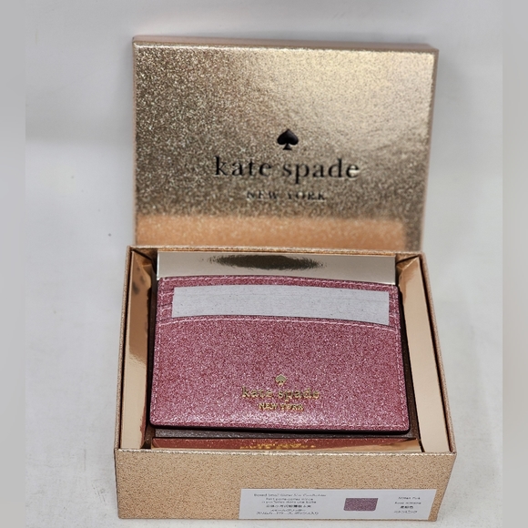 New Kate Spade Pink Leather Wallet Cardholder Small Gift Box Glitter Mitten Pink - Picture 11 of 13
